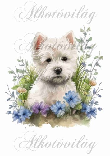 Párnablokk - vászontáska blokk - Westie kutyus kék-lila virágokkal