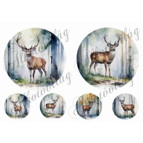   Szarvasok fák között körökben 13 és 5,5 cm átmérőjű