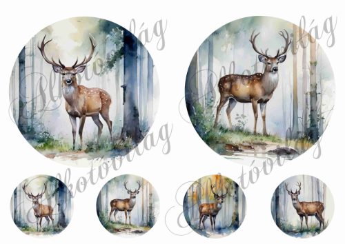 Szarvasok fák között körökben 13 és 5,5 cm átmérőjű