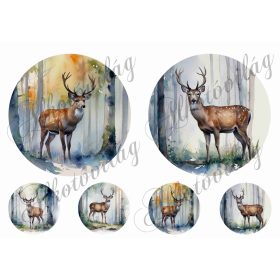   Szarvasok fák között körökben 2 - 13 és 5,5 cm átmérőjű