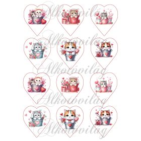   Cuki Valentin napi cicák szívekkel - 6,5 cm magas szíveken