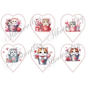 Cuki Valentin napi cicák szívekkel - 9 cm magas szíveken