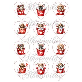   Cuki Valentin napi kutyusok szívekkel - 6,5 cm magas szíveken
