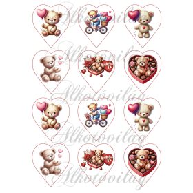 Cuki Valentin napi macik szívekkel - 6,5 cm magas szíveken