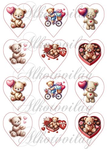 Cuki Valentin napi macik szívekkel - 6,5 cm magas szíveken