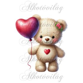   Valentin napi maci szív lufival és rózsával - PÁRNABLOKK, VÁSZONTÁSKA BLOKK