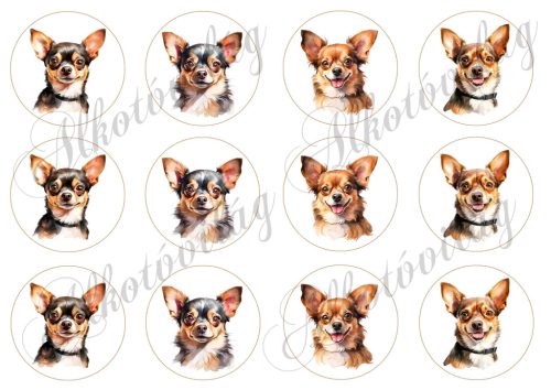 Akvarellel festett csivava kutyusok 6 cm-es körökben