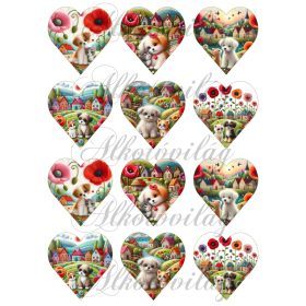   Cica-kutya páros virágokkal, házikókkal 6 cm magas szíveken