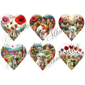   Cica-kutya páros virágokkal, házikókkal 9 cm magas szíveken