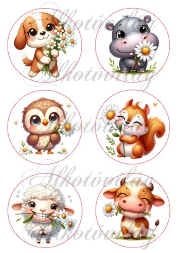 Cuki tavaszi kutyus, viziló, bagoly, mókus, bárány, boci százszorszép virágokkal 8 cm-es körökben