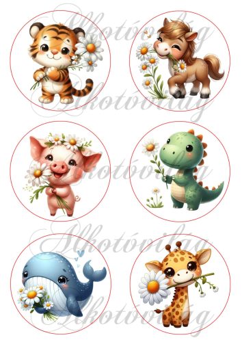 Cuki tavaszi tigris, lovacska, malac, dino, delfin, zsiráf százszorszép virágokkal 8 cm-es körökben