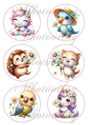 Cuki tavaszi unikornisok, madarak és cica, süni százszorszép virágokkal 8 cm-es körökben 2