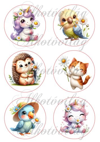 Cuki tavaszi unikornisok, madarak és cica, süni százszorszép virágokkal 8 cm-es körökben