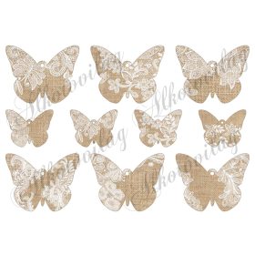   Pillangók zsákvászon és csipke kombinációjával 6,5 x 8,5 cm