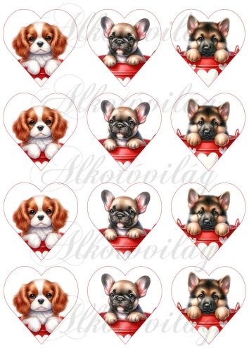 Spániel, bulldog, németjuhász kutyusok 6 cm magas szíveken