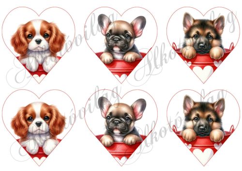 Spániel, bulldog, németjuhász kutyusok 9 cm magas szíveken