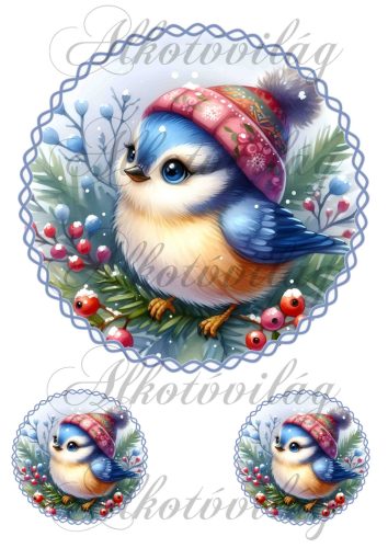 Téli kismadár piros bogyós ágon 18,5 cm  körben