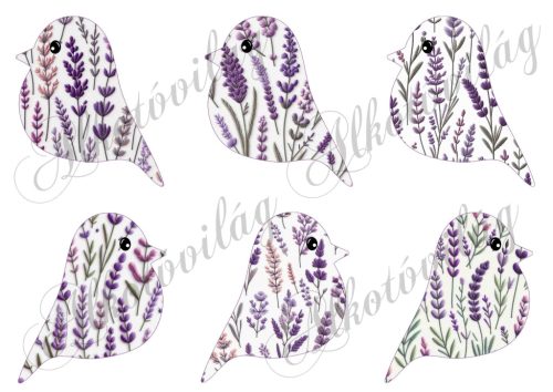9 cm magas madárkák hímzett textúrájú levendula mintákkal