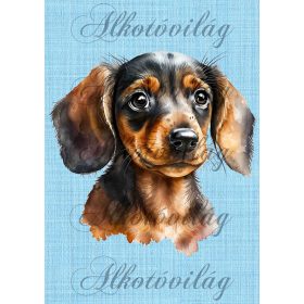   Cuki akvarell tacskó kék szövet háttérrel - PÁRNABLOKK, TÁSKABLOKK, TAKARÓBLOKK, UZSONNÁS TASAK BLOKK, PATCHWORK BLOKK