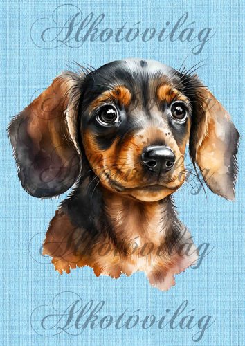 Cuki akvarell tacskó kék szövet háttérrel - PÁRNABLOKK, TÁSKABLOKK, TAKARÓBLOKK, UZSONNÁS TASAK BLOKK, PATCHWORK BLOKK