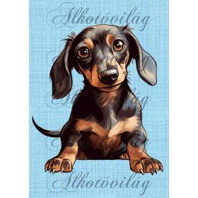   Cuki akvarell tacskó kék szövet háttérrel 2- PÁRNABLOKK, TÁSKABLOKK, TAKARÓBLOKK, UZSONNÁS TASAK BLOKK, PATCHWORK BLOKK