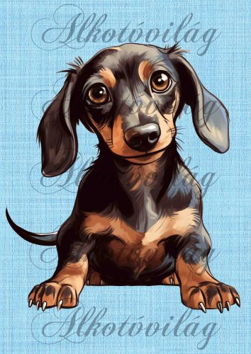 Cuki akvarell tacskó kék szövet háttérrel 2- PÁRNABLOKK, TÁSKABLOKK, TAKARÓBLOKK, UZSONNÁS TASAK BLOKK, PATCHWORK BLOKK