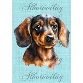   Cuki akvarell tacskó zöld szövet háttérrel - PÁRNABLOKK, TÁSKABLOKK, TAKARÓBLOKK, UZSONNÁS TASAK BLOKK, PATCHWORK BLOKK