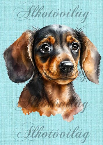 Cuki akvarell tacskó zöld szövet háttérrel - PÁRNABLOKK, TÁSKABLOKK, TAKARÓBLOKK, UZSONNÁS TASAK BLOKK, PATCHWORK BLOKK