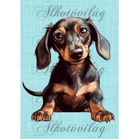   Cuki akvarell tacskó zöld szövet háttérrel 2- PÁRNABLOKK, TÁSKABLOKK, TAKARÓBLOKK, UZSONNÁS TASAK BLOKK, PATCHWORK BLOKK