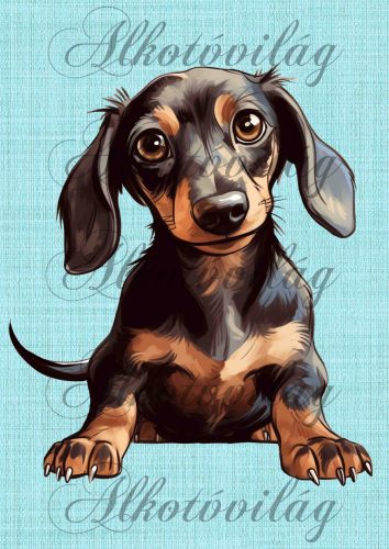 Cuki akvarell tacskó zöld szövet háttérrel 2- PÁRNABLOKK, TÁSKABLOKK, TAKARÓBLOKK, UZSONNÁS TASAK BLOKK, PATCHWORK BLOKK