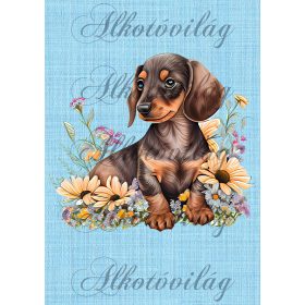   Cuki tacskó virágokkal, kék szövet háttérrel - PÁRNABLOKK, TÁSKABLOKK, TAKARÓBLOKK, UZSONNÁS TASAK BLOKK, PATCHWORK BLOKK