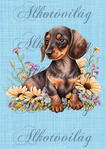 Cuki tacskó virágokkal, kék szövet háttérrel - PÁRNABLOKK, TÁSKABLOKK, TAKARÓBLOKK, UZSONNÁS TASAK BLOKK, PATCHWORK BLOKK