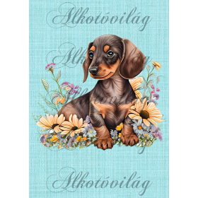   Cuki tacskó virágokkal, szövet háttérrel - PÁRNABLOKK, TÁSKABLOKK, TAKARÓBLOKK, UZSONNÁS TASAK BLOKK, PATCHWORK BLOKK