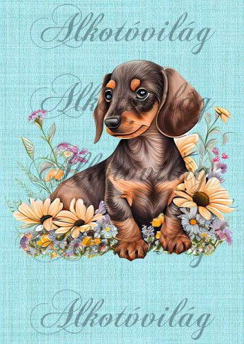 Cuki tacskó virágokkal, szövet háttérrel - PÁRNABLOKK, TÁSKABLOKK, TAKARÓBLOKK, UZSONNÁS TASAK BLOKK, PATCHWORK BLOKK