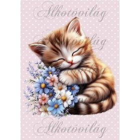   Cuki alvó cica virágcsokorral - PÁRNABLOKK, VÁSZONTÁSKA BLOKK, PATCHWORK BLOKK, UZSONNÁSTASAK BLOKK