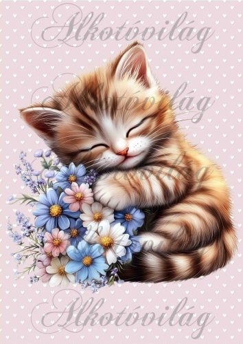 Cuki alvó cica virágcsokorral - PÁRNABLOKK, VÁSZONTÁSKA BLOKK, PATCHWORK BLOKK, UZSONNÁSTASAK BLOKK