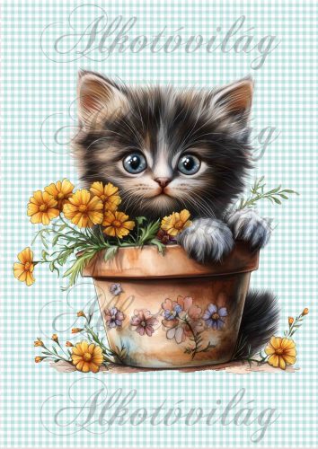 Cuki fekete cica sárga virágokkal - PÁRNABLOKK, VÁSZONTÁSKA BLOKK, PATCHWORK BLOKK, UZSONNÁSTASAK BLOKK