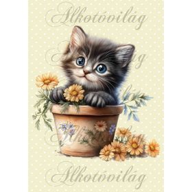   Cuki szürkés cica sárga virágokkal - PÁRNABLOKK, VÁSZONTÁSKA BLOKK, PATCHWORK BLOKK, UZSONNÁSTASAK BLOKK