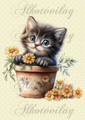 Cuki szürkés cica sárga virágokkal - PÁRNABLOKK, VÁSZONTÁSKA BLOKK, PATCHWORK BLOKK, UZSONNÁSTASAK BLOKK