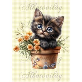   Cuki szürkésbarna cica narancssárga virágokkal - PÁRNABLOKK, VÁSZONTÁSKA BLOKK, PATCHWORK BLOKK, UZSONNÁSTASAK BLOKK