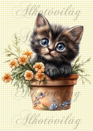 Cuki szürkésbarna cica narancssárga virágokkal - PÁRNABLOKK, VÁSZONTÁSKA BLOKK, PATCHWORK BLOKK, UZSONNÁSTASAK BLOKK