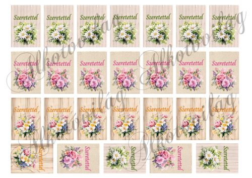 Kicsi kártyák fa erezetes alapon virágokkal, szeretettel felirattal - 5 x 3,5 cm