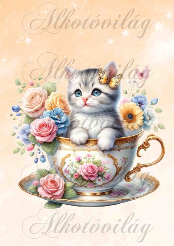 Cuki cica csészében virágokkal - PÁRNABLOKK, VÁSZONTÁSKA BLOKK, PATCHWORK BLOKK, UZSONNÁSTASAK BLOKK