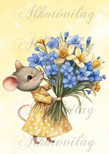 Cuki kisegér virágcsokorral - PÁRNABLOKK, VÁSZONTÁSKA BLOKK, PATCHWORK BLOKK, UZSONNÁSTASAK BLOKK