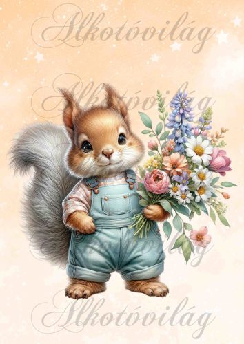 Cuki mókus fiú virágcsokorral - PÁRNABLOKK, VÁSZONTÁSKA BLOKK, PATCHWORK BLOKK, UZSONNÁSTASAK BLOKK