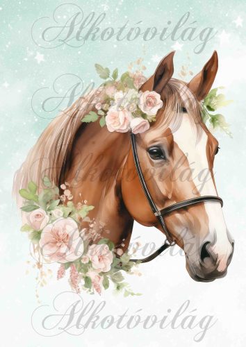 Ló rózsákkal zöldes háttérrel - PÁRNABLOKK, VÁSZONTÁSKA BLOKK, PATCHWORK BLOKK, UZSONNÁSTASAK BLOKK