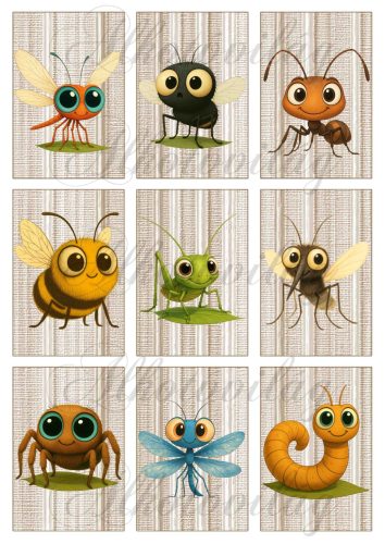 Cuki bogarak barnás csíkos alapon - 9 x 6 cm - HŰTŐMÁGNES, AJÁNDÉKKÍSÉGŐ készítéshez