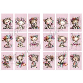   Cuki cicák virágokkal mályvás alapon - 6,5 x 4 cm - HŰTŐMÁGNES, AJÁNDÉKKÍSÉGŐ készítéshez