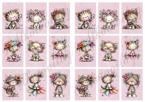 Cuki cicák virágokkal mályvás alapon - 6,5 x 4 cm - HŰTŐMÁGNES, AJÁNDÉKKÍSÉGŐ készítéshez