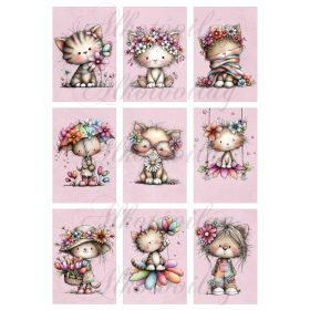   Cuki cicák virágokkal mályvás alapon - 9 x 6 cm - HŰTŐMÁGNES, AJÁNDÉKKÍSÉGŐ készítéshez